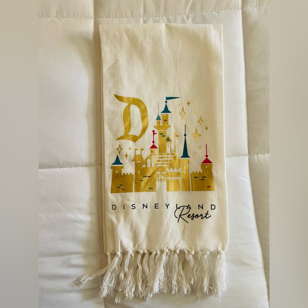 Disneyland Resort Tea Dish Towel Kitchen Gold Fantasyland Castle Fringe NWOT